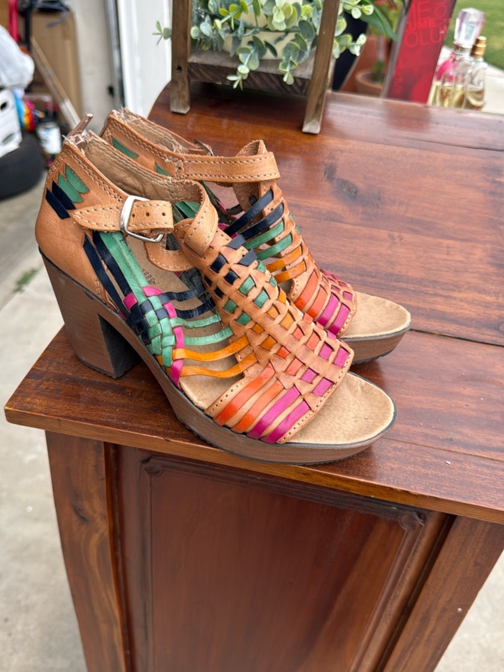 Multicolor Woven Leather Block Heel Sandals - Tan